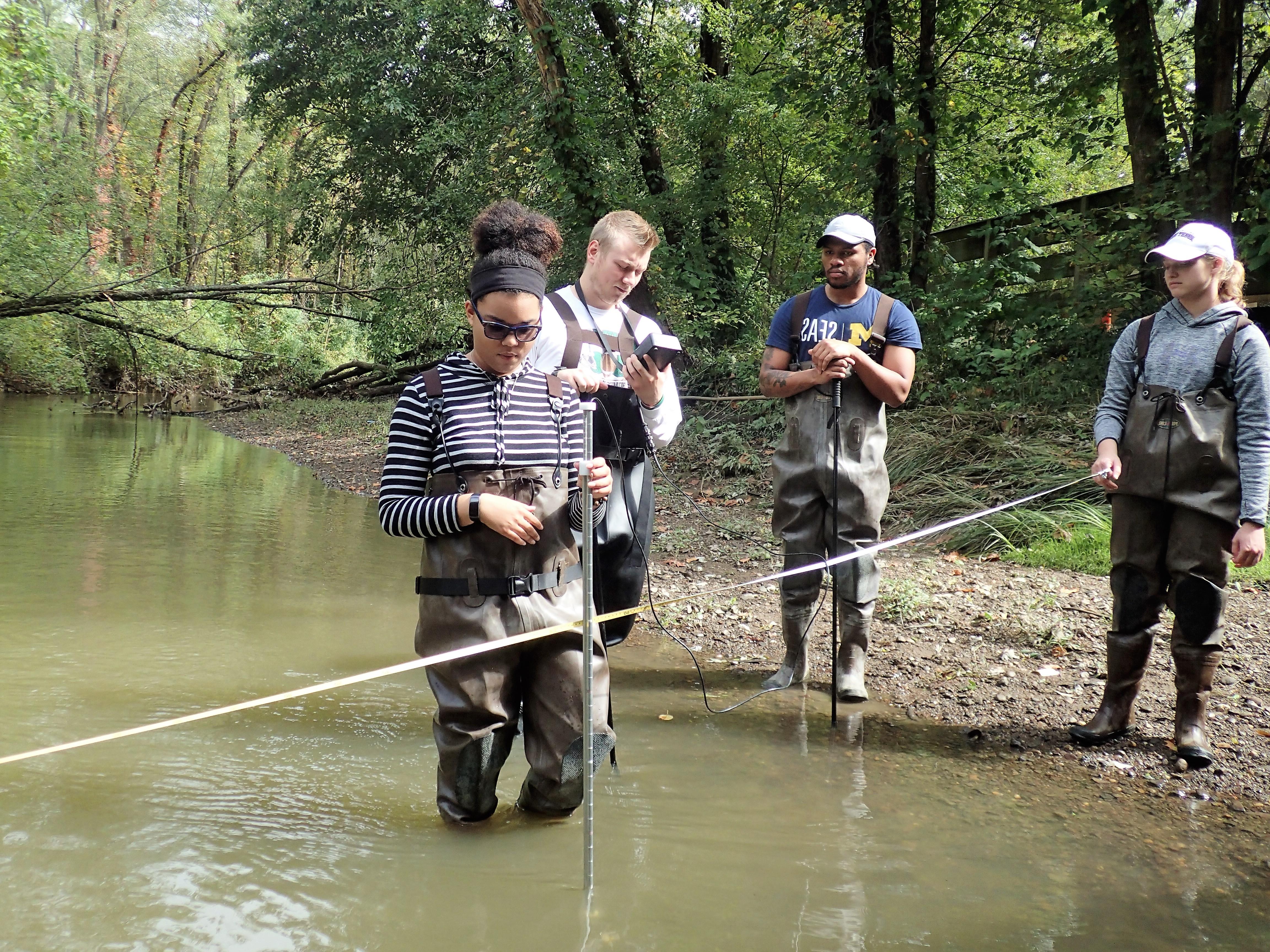 四名环境科学专业的学生带着绳子和测量工具涉水测量河水流量